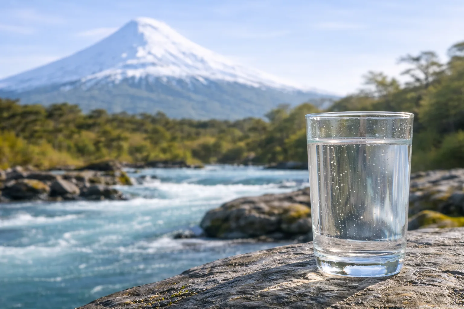 Vaso de agua con el volcán Osorno y río de vertiente al fondo
